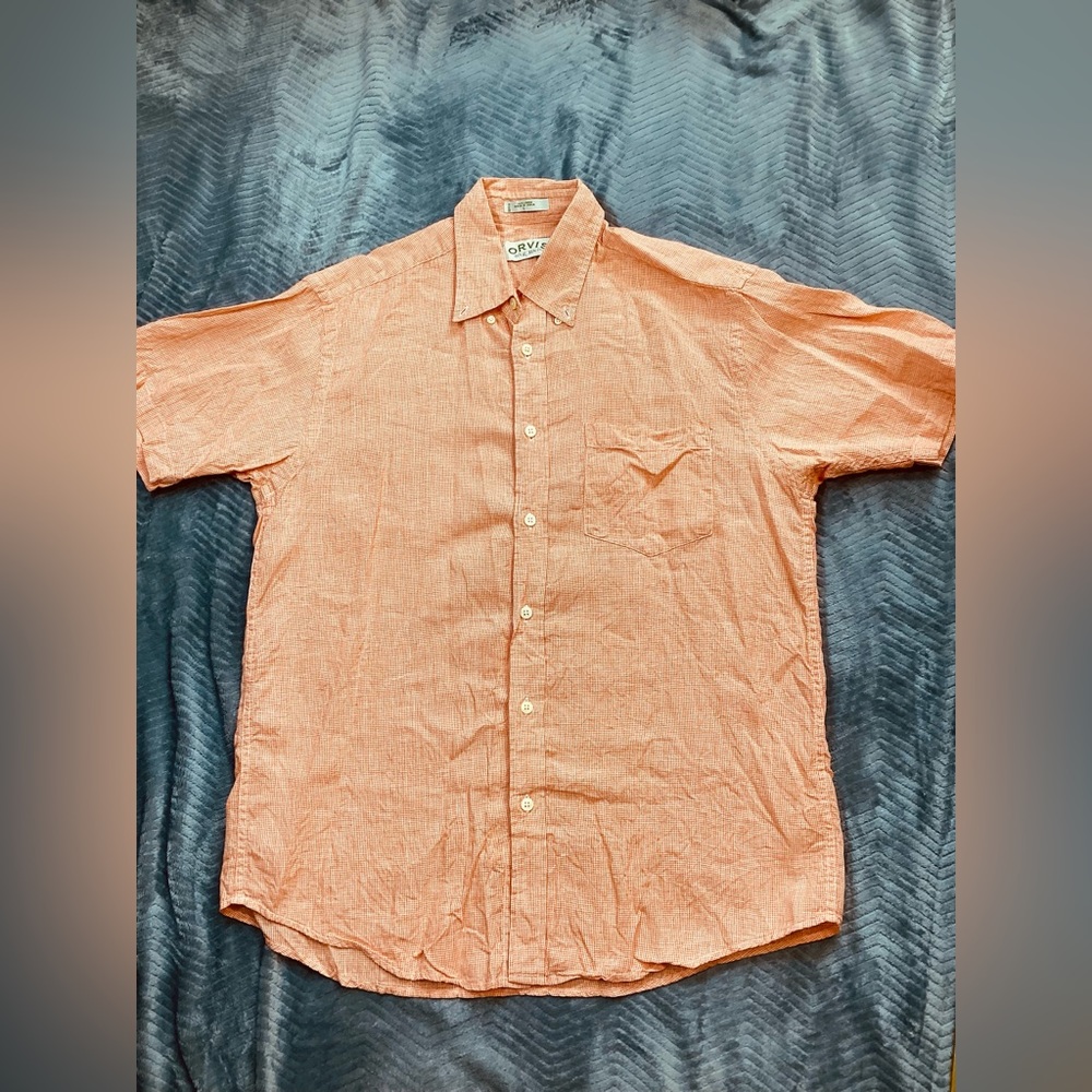 Mens Orvis 100% Linen Short Sleeve Button Up Shirt Orange Large